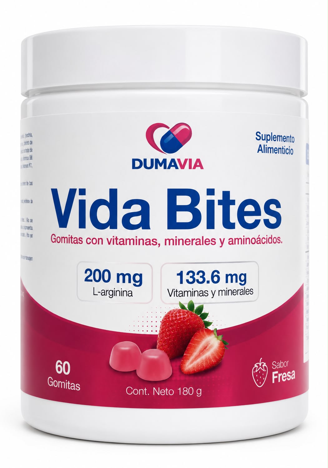 Bote de DUMAVIA Vida Bites, gomitas con vitaminas, minerales y L-arginina sabor fresa